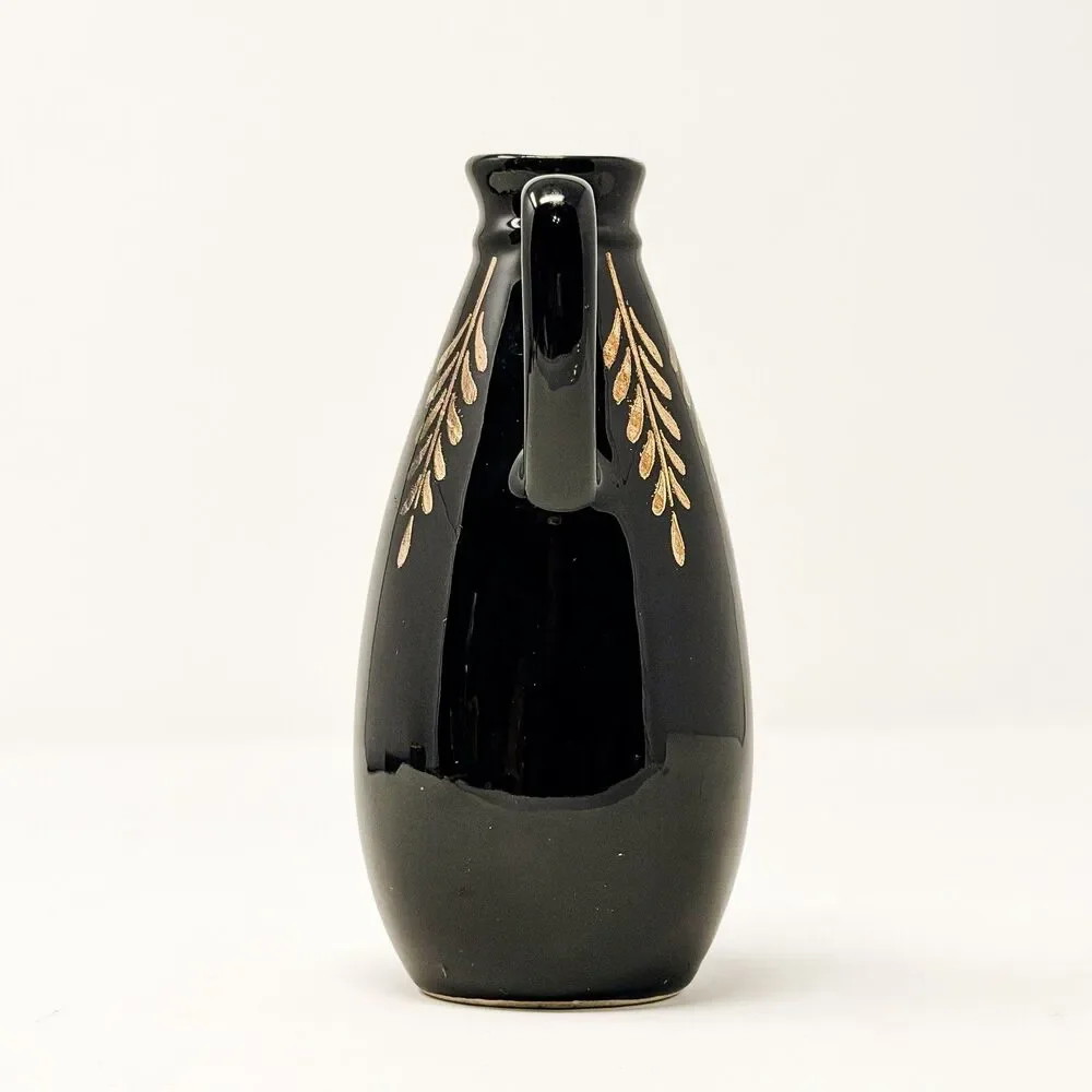 Vintage Black Pottery Pitcher 22K Gold Hand Decorated Cobbs Florida USA 6”
